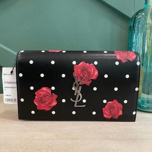 NEW Saint Laurent WOC Chain Wallet Roses Black